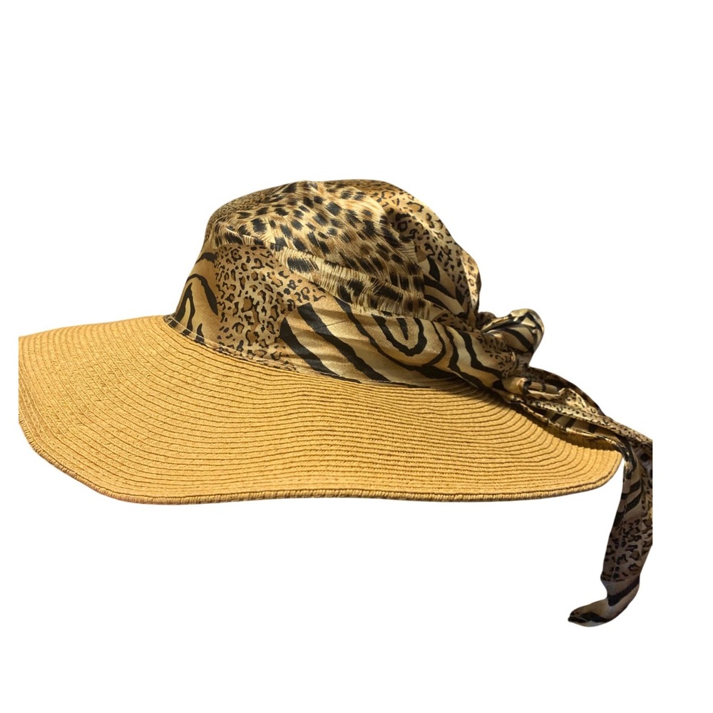 Cappelli Straworld Wide Brim Sun Hat Animal Print Scarf Tan One Size